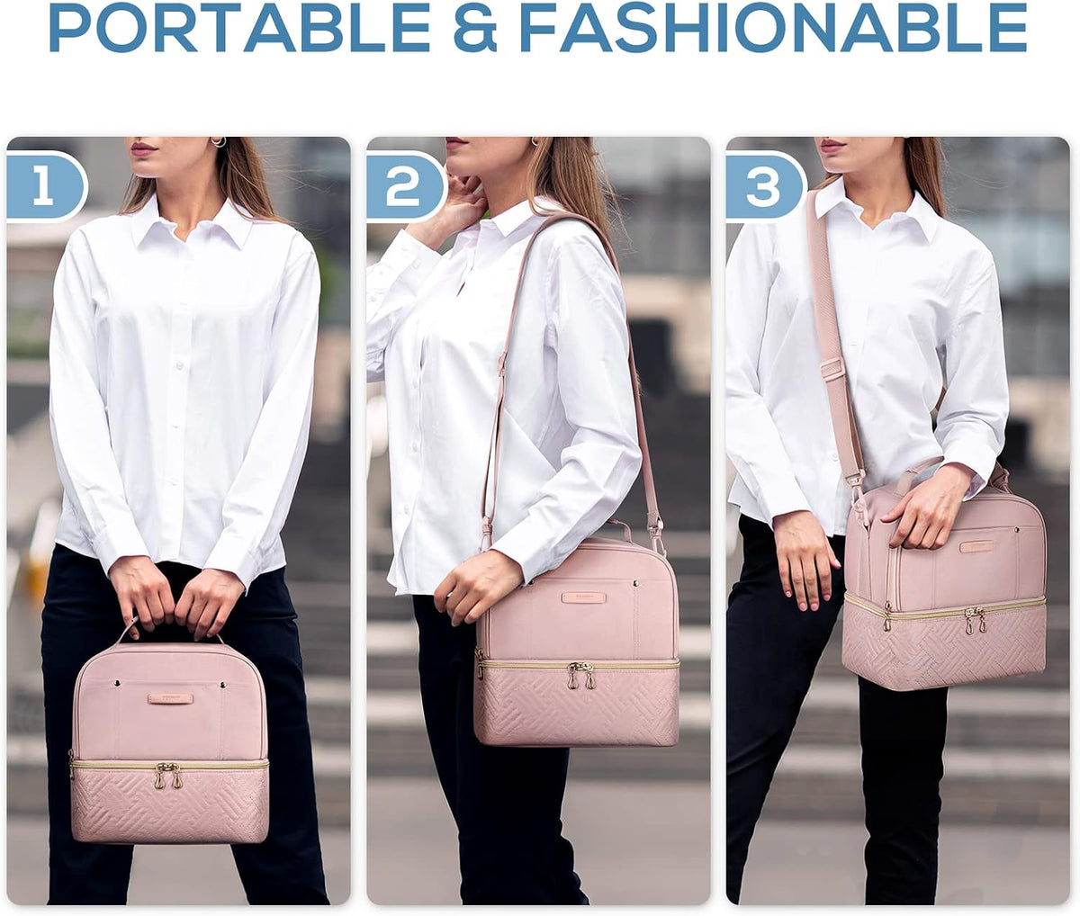 Lunch Bag Women Double Deck Lunch Box Insulated Lunch Cooler for Women Men Work, Pink