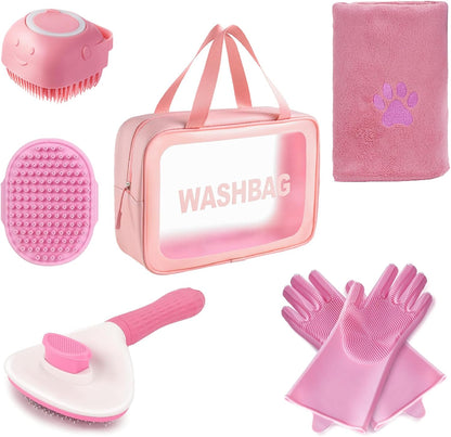 6PCS Pink Dog Washing Kit with Brush, Scrubber, Gloves, Towel & Bag