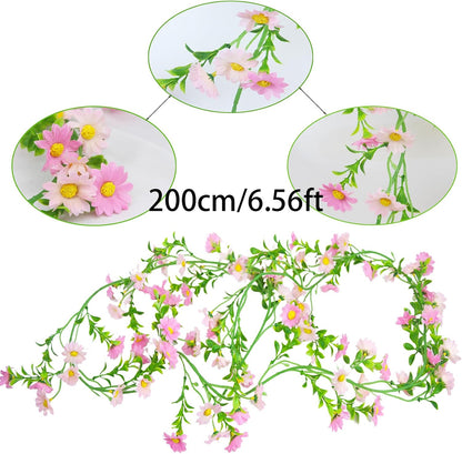 Artificial Daisy Flowers Vine Silk Wildflower Garland Spring Fake Flower Vine Hanging Ivy Light Pink Daisy Flowers Green Leaves for Wall Party Wedding Arch Floral Decor Indoor Outdoor Ceremony
