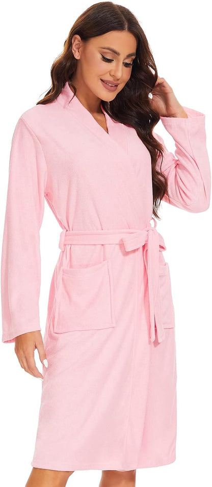 Women Bath Robes Terry Cloth Towel Robe Knee Length Bathrobe with Pockets