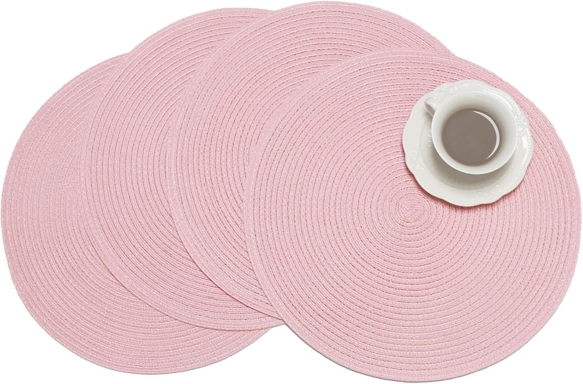 15 Inch Round Braided Placemats Set of 4, Washable Cotton Polyester Table Mats, Heat Resistant Non-Slip Place Mats for Kitchen Dining Table Decor (Pink,4pcs)