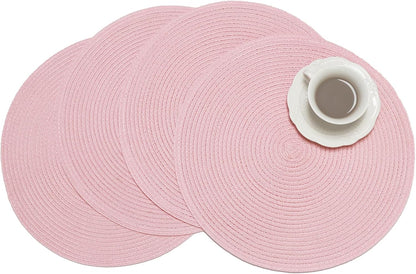15 Inch Round Braided Placemats Set of 4, Washable Cotton Polyester Table Mats, Heat Resistant Non-Slip Place Mats for Kitchen Dining Table Decor (Pink,4pcs)
