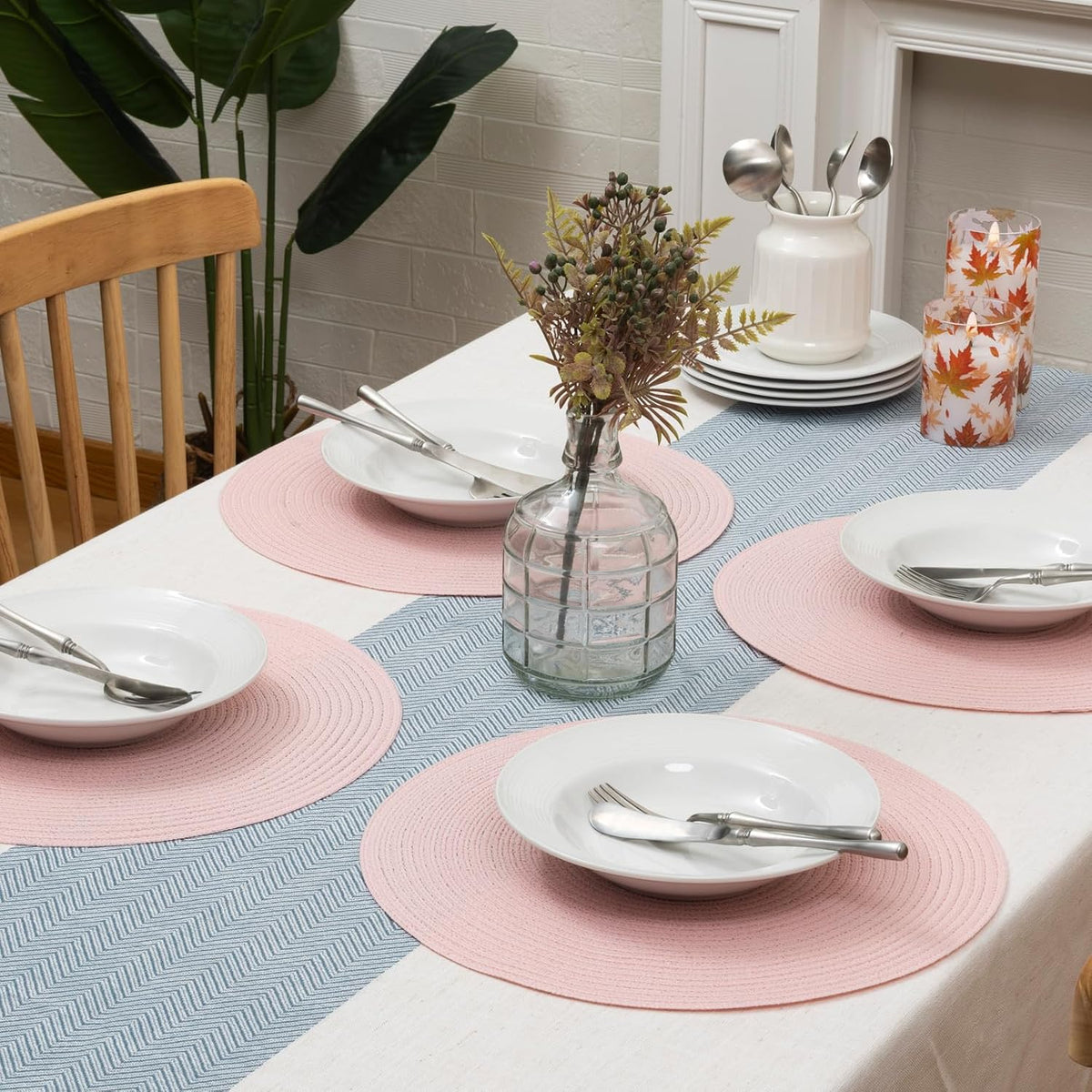 15 Inch Round Braided Placemats Set of 4, Washable Cotton Polyester Table Mats, Heat Resistant Non-Slip Place Mats for Kitchen Dining Table Decor (Pink,4pcs)
