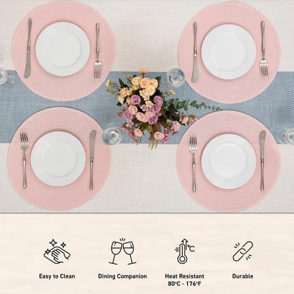 15 Inch Round Braided Placemats Set of 4, Washable Cotton Polyester Table Mats, Heat Resistant Non-Slip Place Mats for Kitchen Dining Table Decor (Pink,4pcs)