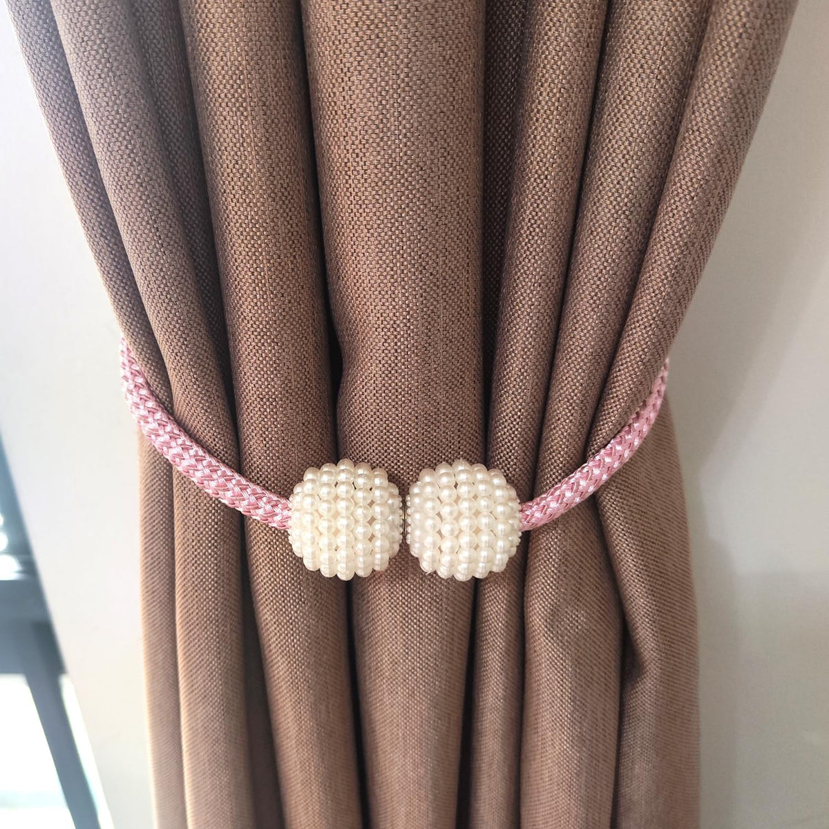 2 Curtain Tiebacks Holdbacks Magnetic Buckle Woven Tie Hold Back Clips Rope Holder Tieback Holdback Curtains Decoration Pearl Pink
