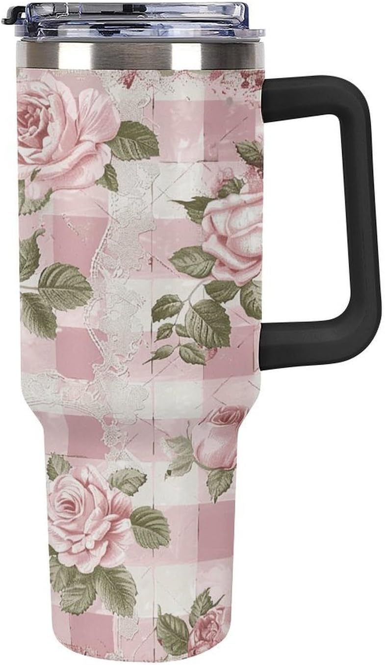 40 Oz Double Insulated Tumblers With Handles Peach Retro Pattern Printed Insulated Tumbler With Straw With Lid Leak-proof Stainless Steel Travel Coffee Mug