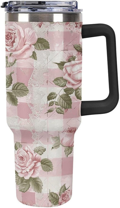 40 Oz Double Insulated Tumblers With Handles Peach Retro Pattern Printed Insulated Tumbler With Straw With Lid Leak-proof Stainless Steel Travel Coffee Mug