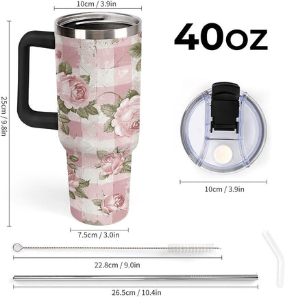 40 Oz Double Insulated Tumblers With Handles Peach Retro Pattern Printed Insulated Tumbler With Straw With Lid Leak-proof Stainless Steel Travel Coffee Mug