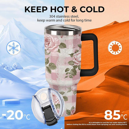 40 Oz Double Insulated Tumblers With Handles Peach Retro Pattern Printed Insulated Tumbler With Straw With Lid Leak-proof Stainless Steel Travel Coffee Mug