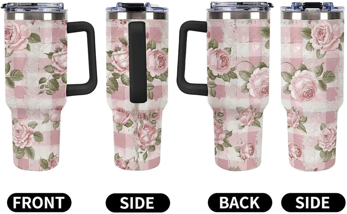 40 Oz Double Insulated Tumblers With Handles Peach Retro Pattern Printed Insulated Tumbler With Straw With Lid Leak-proof Stainless Steel Travel Coffee Mug
