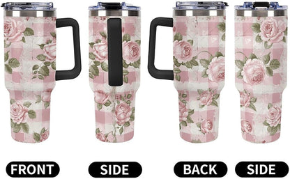 40 Oz Double Insulated Tumblers With Handles Peach Retro Pattern Printed Insulated Tumbler With Straw With Lid Leak-proof Stainless Steel Travel Coffee Mug