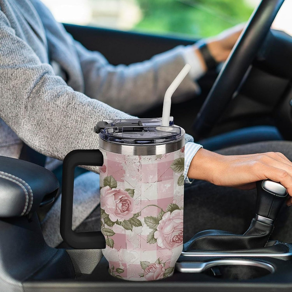 40 Oz Double Insulated Tumblers With Handles Peach Retro Pattern Printed Insulated Tumbler With Straw With Lid Leak-proof Stainless Steel Travel Coffee Mug