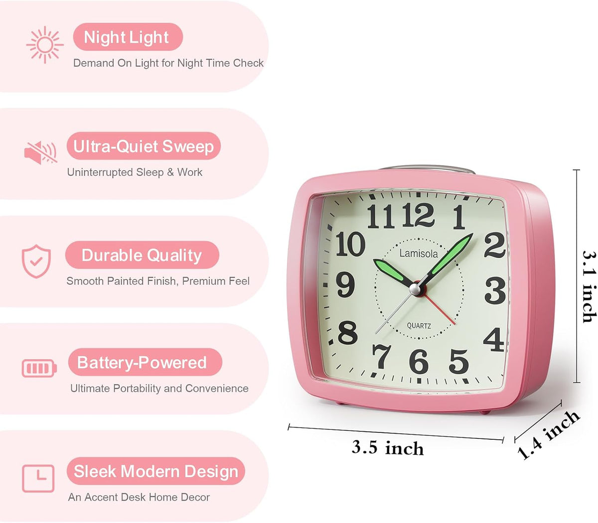 Lamisola Analog Travel for Bedroom, Small Desk Clock, Pink