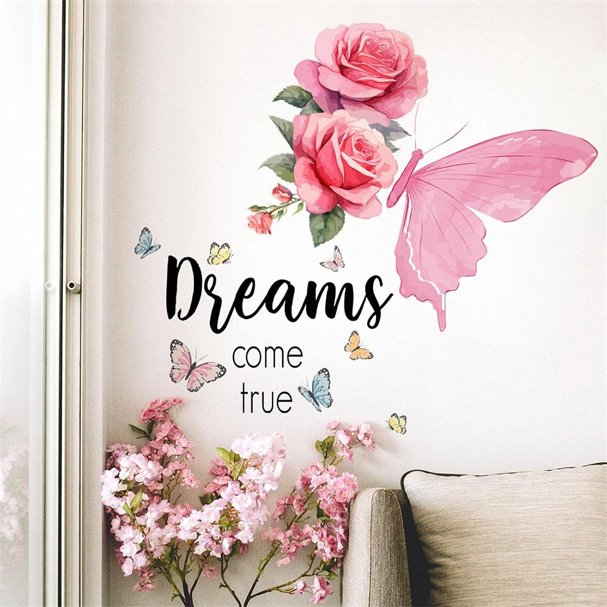 Pink Rose Butterfly Wall Stickers Inspirational Quotes Wall Decals