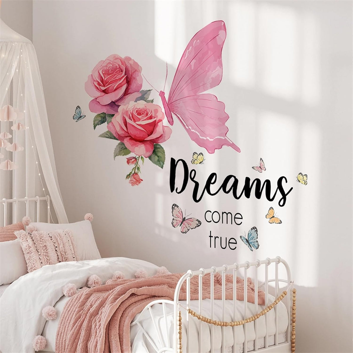 Pink Rose Butterfly Wall Stickers Inspirational Quotes Wall Decals