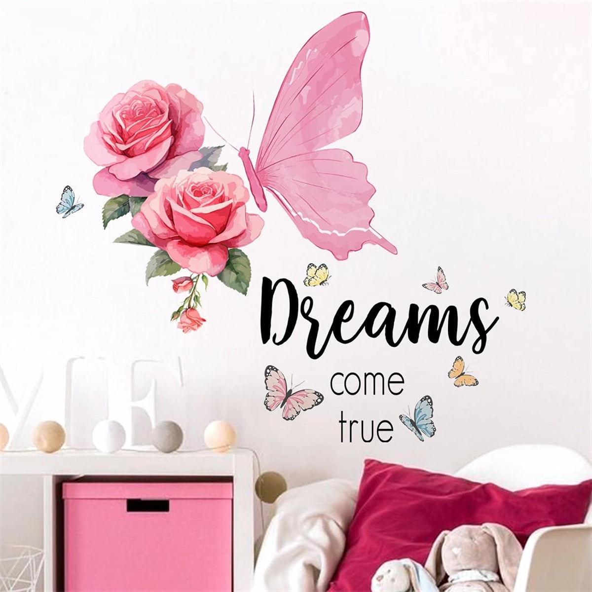 Pink Rose Butterfly Wall Stickers Inspirational Quotes Wall Decals