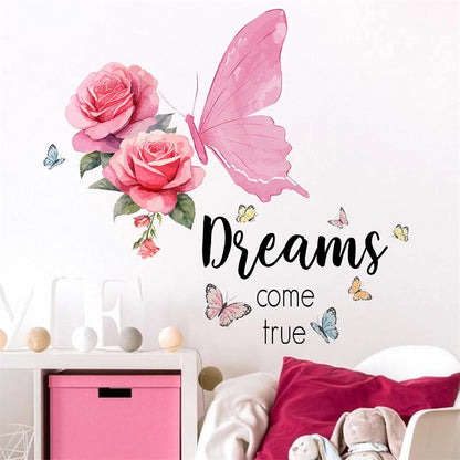 Pink Rose Butterfly Wall Stickers Inspirational Quotes Wall Decals