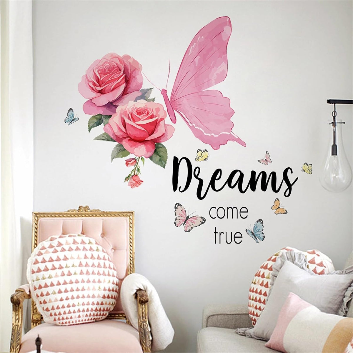 Pink Rose Butterfly Wall Stickers Inspirational Quotes Wall Decals