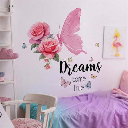 Pink Rose Butterfly Wall Stickers Inspirational Quotes Wall Decals