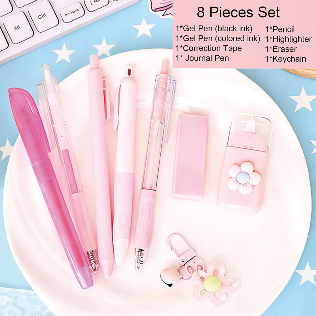 8 Pcs Cute Pink Stationery Set for Girls Boys Women Back to School Supplies Office Supplies Kawaii Candy Colors Stationery Gift Including Pen Pencil Highlighter Eraser (Pink)