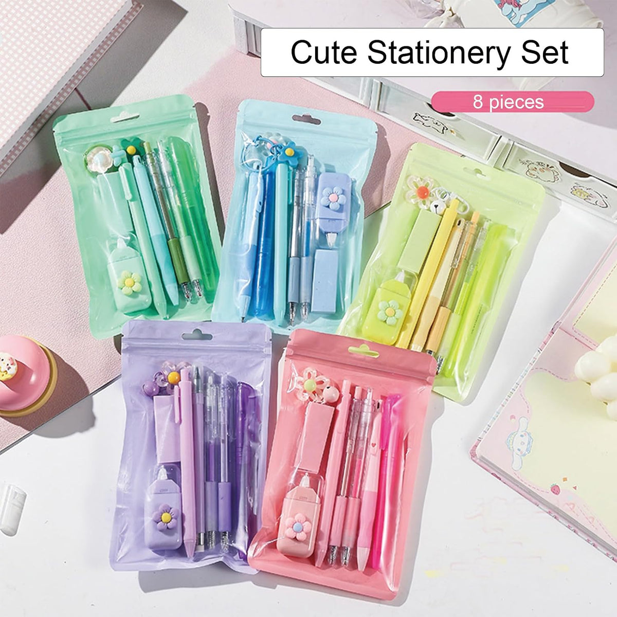 8 Pcs Cute Pink Stationery Set for Girls Boys Women Back to School Supplies Office Supplies Kawaii Candy Colors Stationery Gift Including Pen Pencil Highlighter Eraser (Pink)