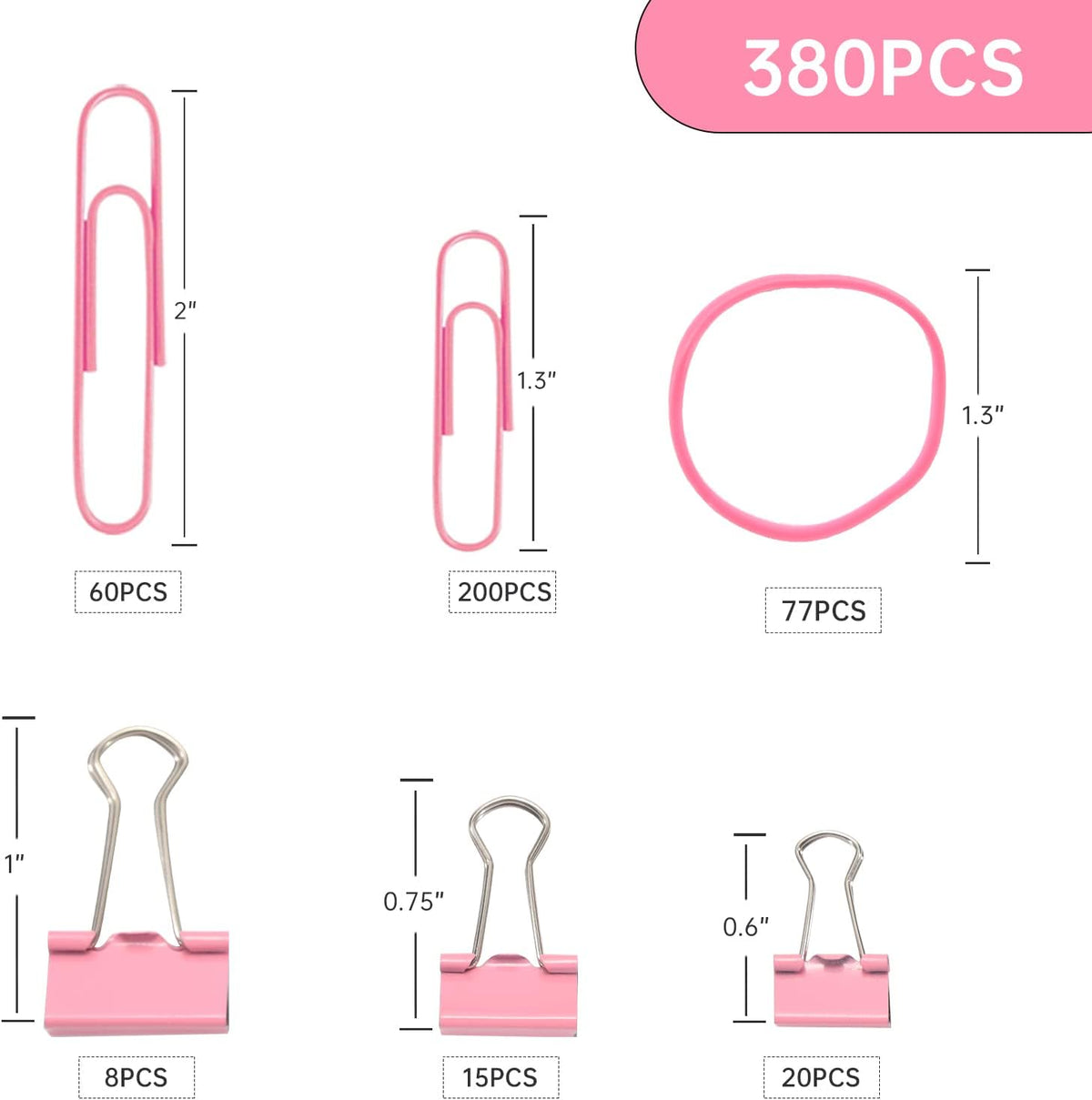 Pink Binder Clips Paper Clips,380 PCS Assorted Sizes Paperclips