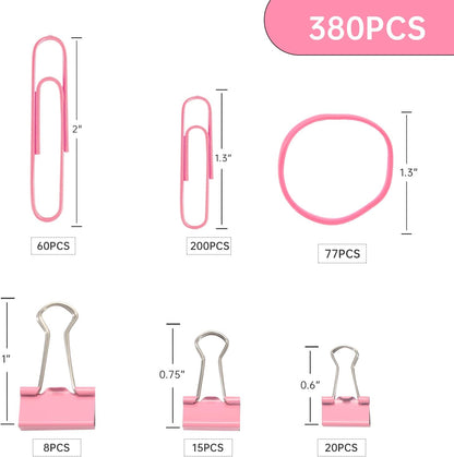 Pink Binder Clips Paper Clips,380 PCS Assorted Sizes Paperclips