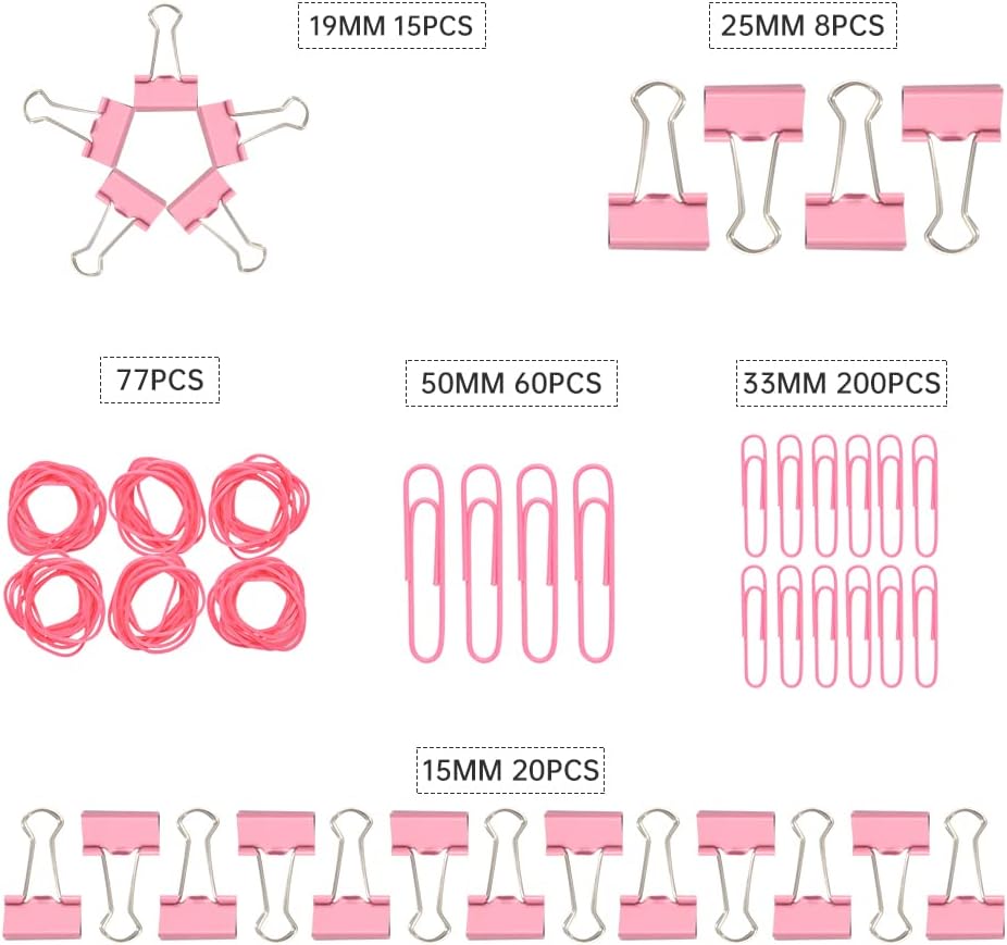 Pink Binder Clips Paper Clips,380 PCS Assorted Sizes Paperclips
