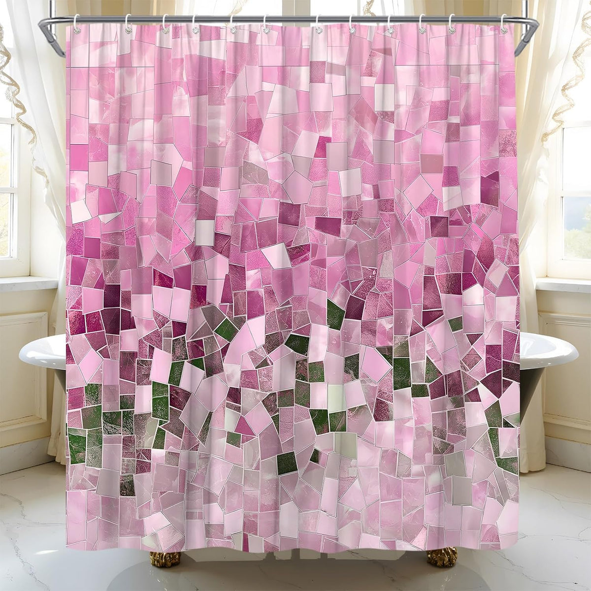Modern Geometric Shower Curtain Pink Abstract Stained Glass Art Bathroom Curtains Decor Fabric Set Include Hooks,(70" WX70 H)