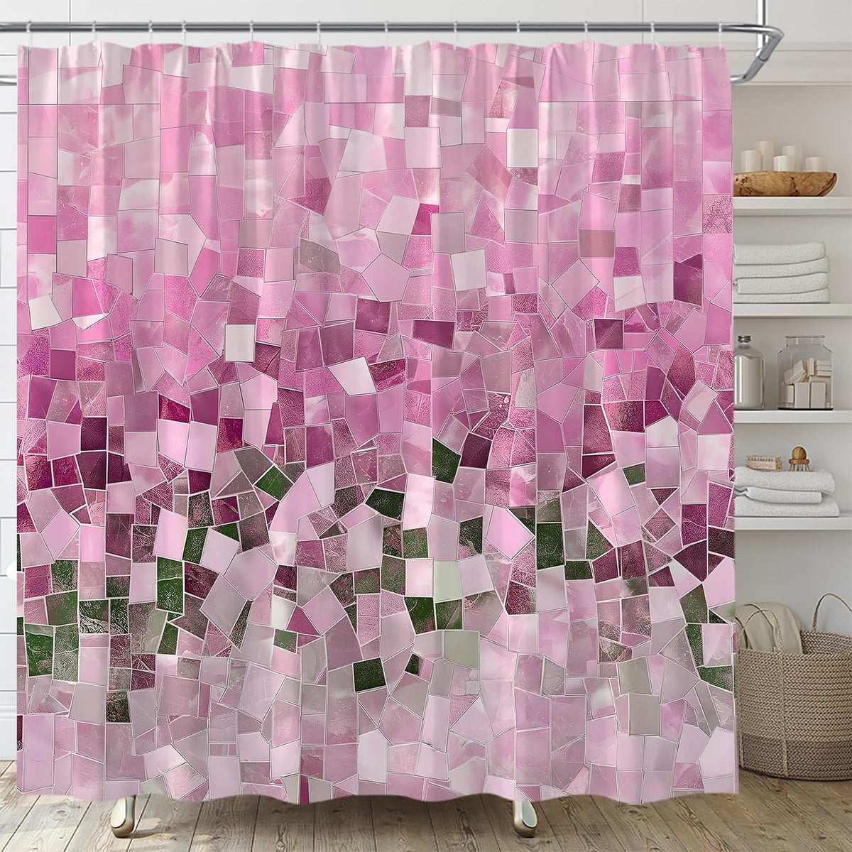Modern Geometric Shower Curtain Pink Abstract Stained Glass Art Bathroom Curtains Decor Fabric Set Include Hooks,(70" WX70 H)