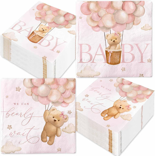50Pcs Baby Girl Paper Napkins Pink Bear Disposable Luncheon Napkin Cute Baby Shower Double-Printed Dinner Napkins for Gender Reveal Home Party Table Decor