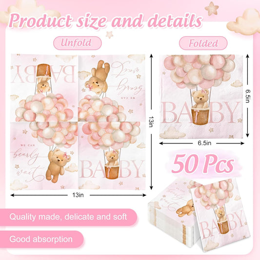 50Pcs Baby Girl Paper Napkins Pink Bear Disposable Luncheon Napkin Cute Baby Shower Double-Printed Dinner Napkins for Gender Reveal Home Party Table Decor