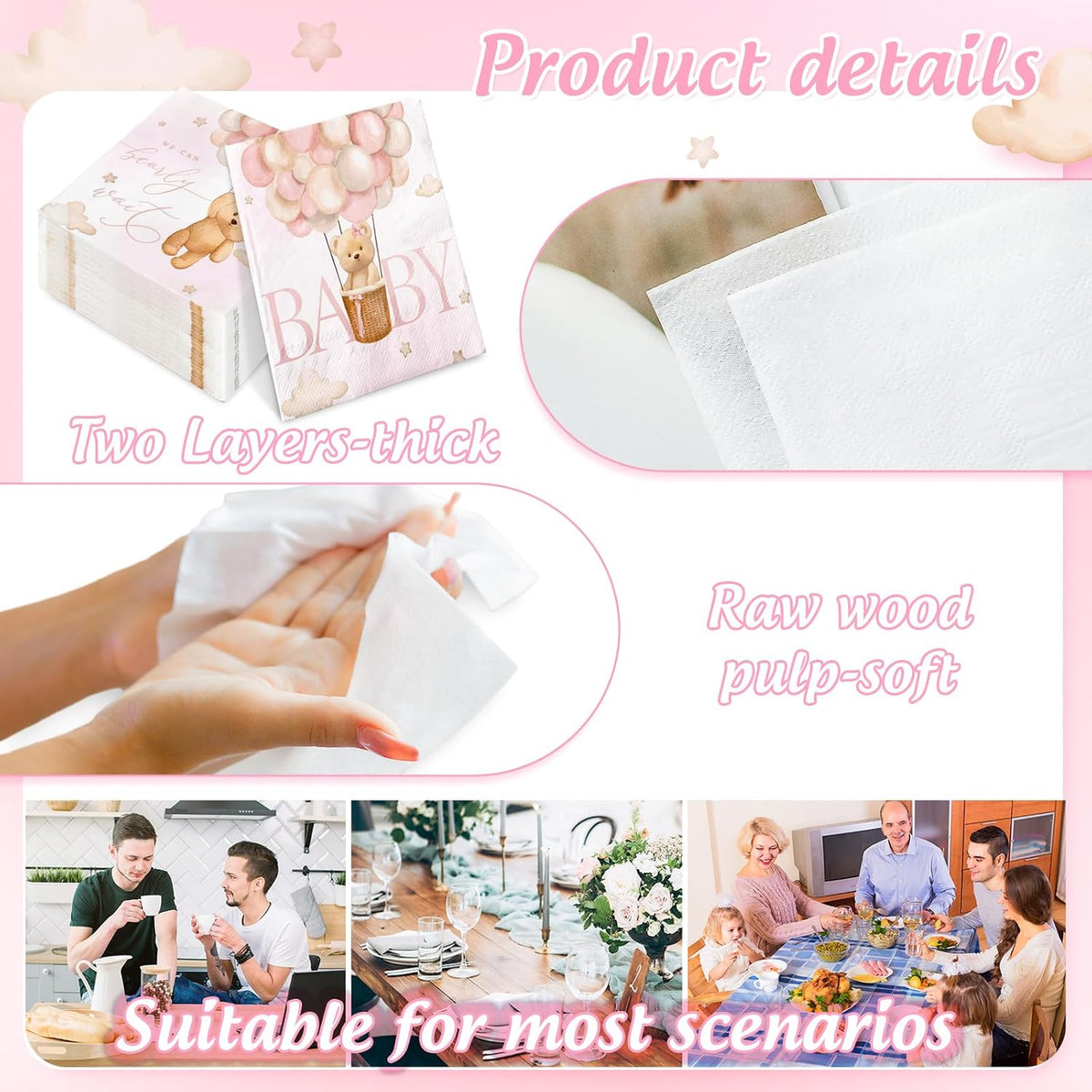 50Pcs Baby Girl Paper Napkins Pink Bear Disposable Luncheon Napkin Cute Baby Shower Double-Printed Dinner Napkins for Gender Reveal Home Party Table Decor