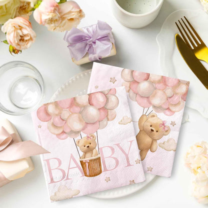 50Pcs Baby Girl Paper Napkins Pink Bear Disposable Luncheon Napkin Cute Baby Shower Double-Printed Dinner Napkins for Gender Reveal Home Party Table Decor