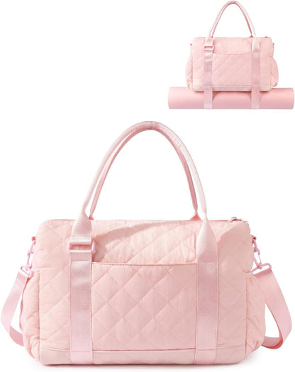 Gym Bag for Women with Yoga Mat Holder, Small Mini Gym Tote Bag Puffy Quilted Lightweight Sports Duffel Bag with Wet Compartment for Dance Yoga Workout Travel - Pink