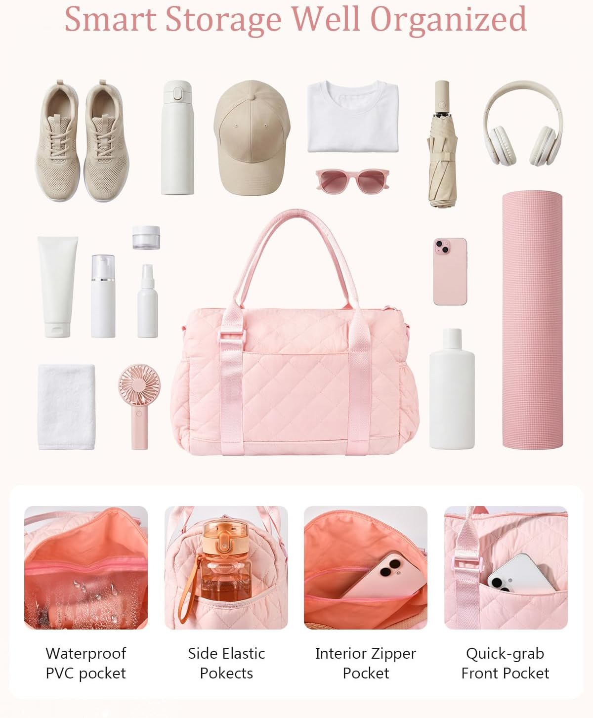 Gym Bag for Women with Yoga Mat Holder, Small Mini Gym Tote Bag Puffy Quilted Lightweight Sports Duffel Bag with Wet Compartment for Dance Yoga Workout Travel - Pink