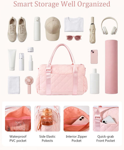 Gym Bag for Women with Yoga Mat Holder, Small Mini Gym Tote Bag Puffy Quilted Lightweight Sports Duffel Bag with Wet Compartment for Dance Yoga Workout Travel - Pink