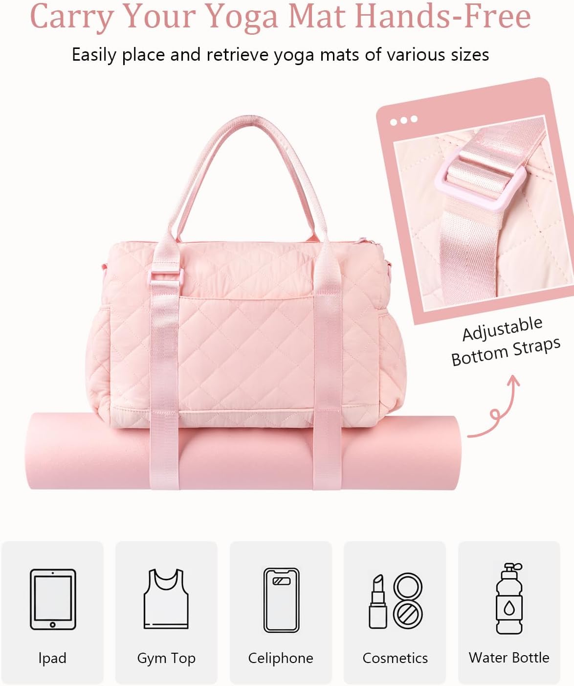 Gym Bag for Women with Yoga Mat Holder, Small Mini Gym Tote Bag Puffy Quilted Lightweight Sports Duffel Bag with Wet Compartment for Dance Yoga Workout Travel - Pink