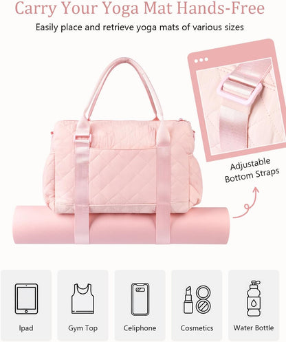 Gym Bag for Women with Yoga Mat Holder, Small Mini Gym Tote Bag Puffy Quilted Lightweight Sports Duffel Bag with Wet Compartment for Dance Yoga Workout Travel - Pink