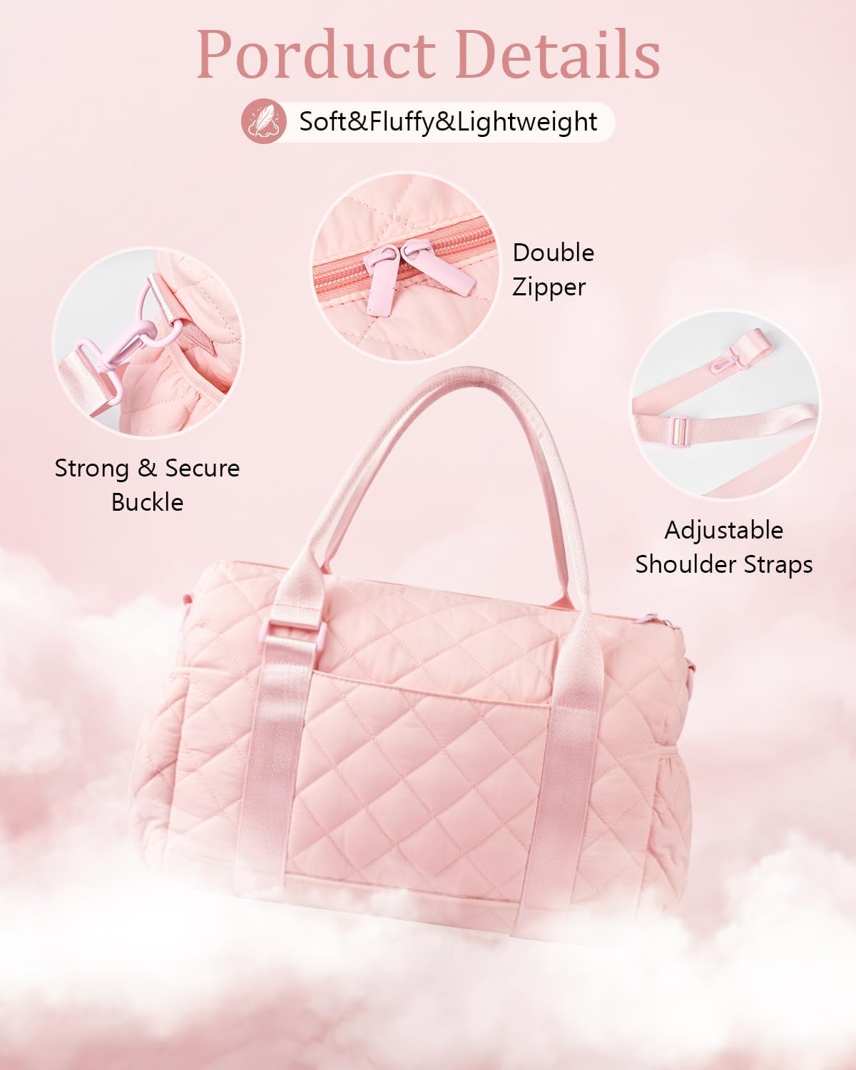 Gym Bag for Women with Yoga Mat Holder, Small Mini Gym Tote Bag Puffy Quilted Lightweight Sports Duffel Bag with Wet Compartment for Dance Yoga Workout Travel - Pink