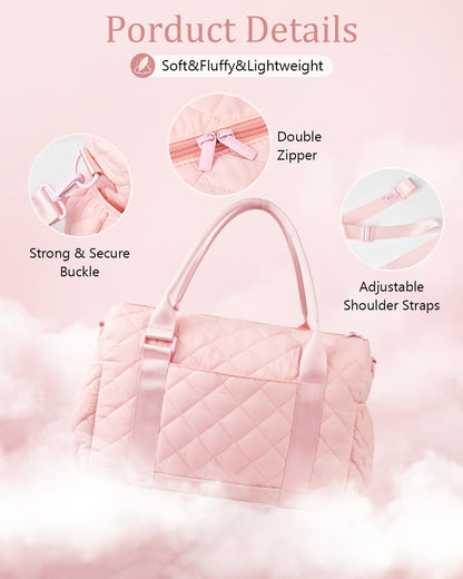 Gym Bag for Women with Yoga Mat Holder, Small Mini Gym Tote Bag Puffy Quilted Lightweight Sports Duffel Bag with Wet Compartment for Dance Yoga Workout Travel - Pink