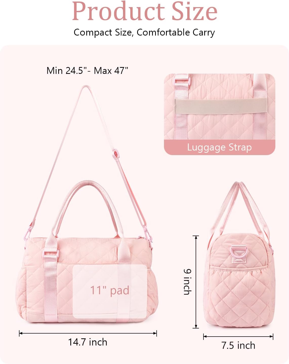 Gym Bag for Women with Yoga Mat Holder, Small Mini Gym Tote Bag Puffy Quilted Lightweight Sports Duffel Bag with Wet Compartment for Dance Yoga Workout Travel - Pink