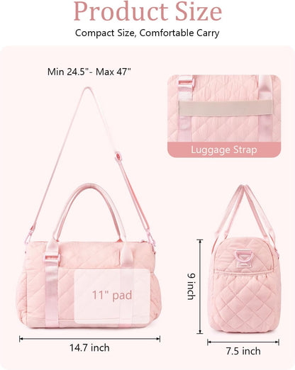 Gym Bag for Women with Yoga Mat Holder, Small Mini Gym Tote Bag Puffy Quilted Lightweight Sports Duffel Bag with Wet Compartment for Dance Yoga Workout Travel - Pink