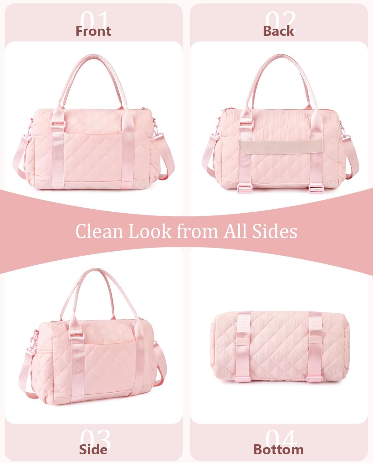 Gym Bag for Women with Yoga Mat Holder, Small Mini Gym Tote Bag Puffy Quilted Lightweight Sports Duffel Bag with Wet Compartment for Dance Yoga Workout Travel - Pink