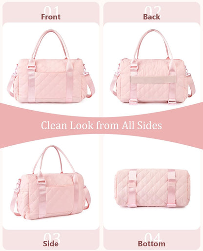 Gym Bag for Women with Yoga Mat Holder, Small Mini Gym Tote Bag Puffy Quilted Lightweight Sports Duffel Bag with Wet Compartment for Dance Yoga Workout Travel - Pink