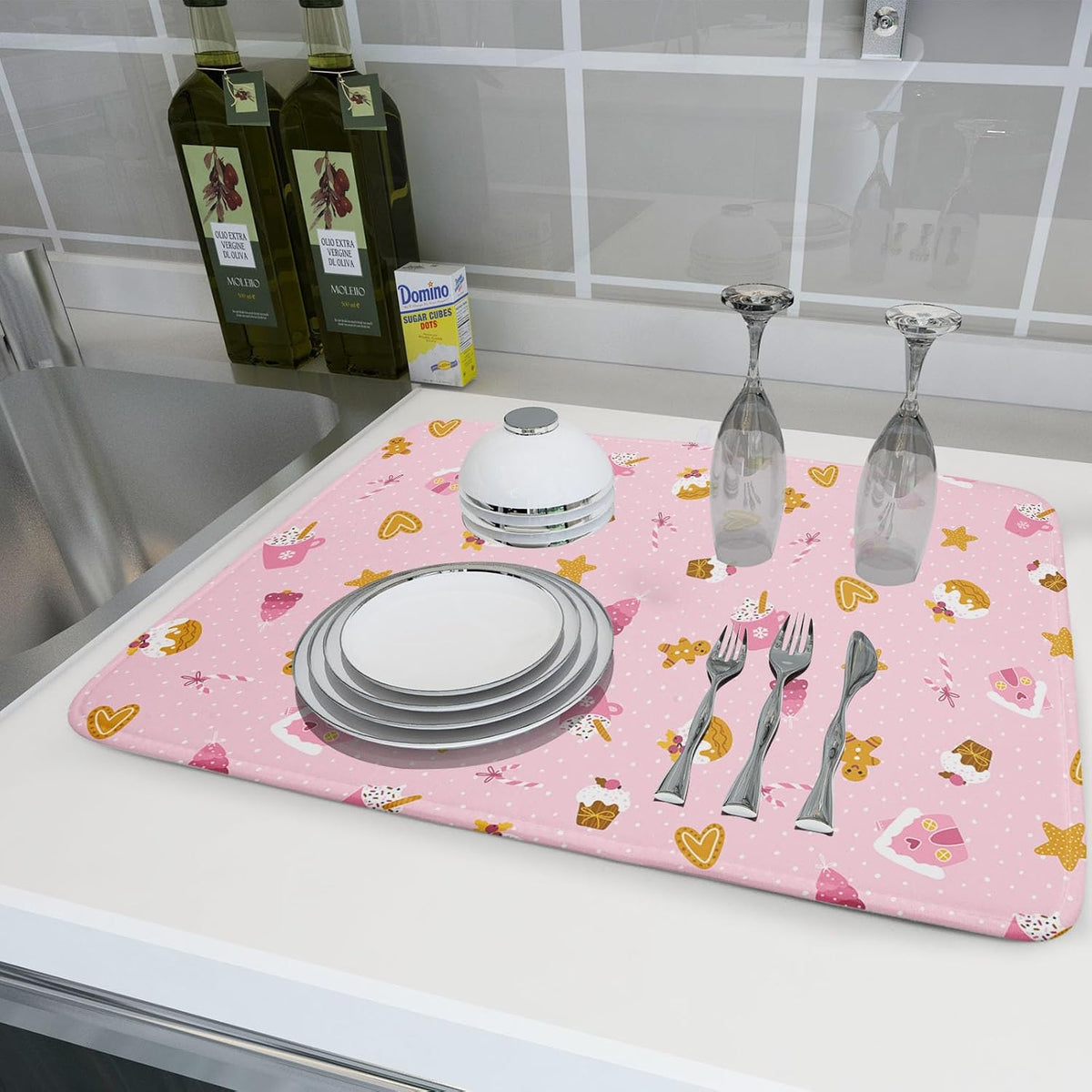 Christmas Pink Dish Drying Mat 18 x 24 Inch With Absorbent Reversible Microfiber Xmas Dessert Star Heart Drying Mats Winter Holiday Dish Drainer Mat Fast Dry For Kitchen Dining Room Decoration