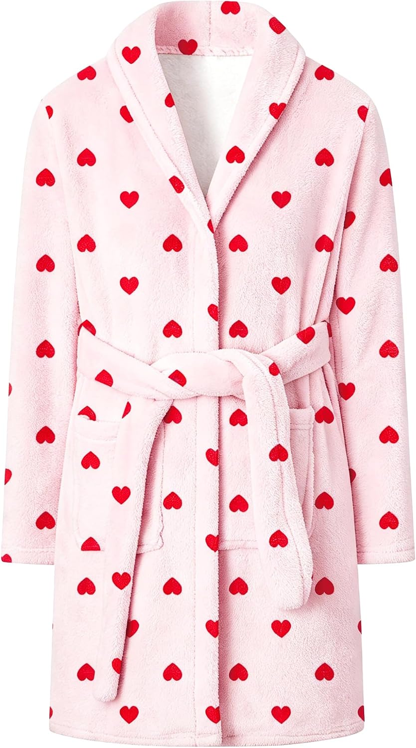Girls Robe, Shawl Collar Fuzzy Fleece Bathrobes with Belt and Pockets for Kids Boys, 2-15 Years