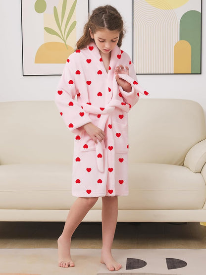 Girls Robe, Shawl Collar Fuzzy Fleece Bathrobes with Belt and Pockets for Kids Boys, 2-15 Years