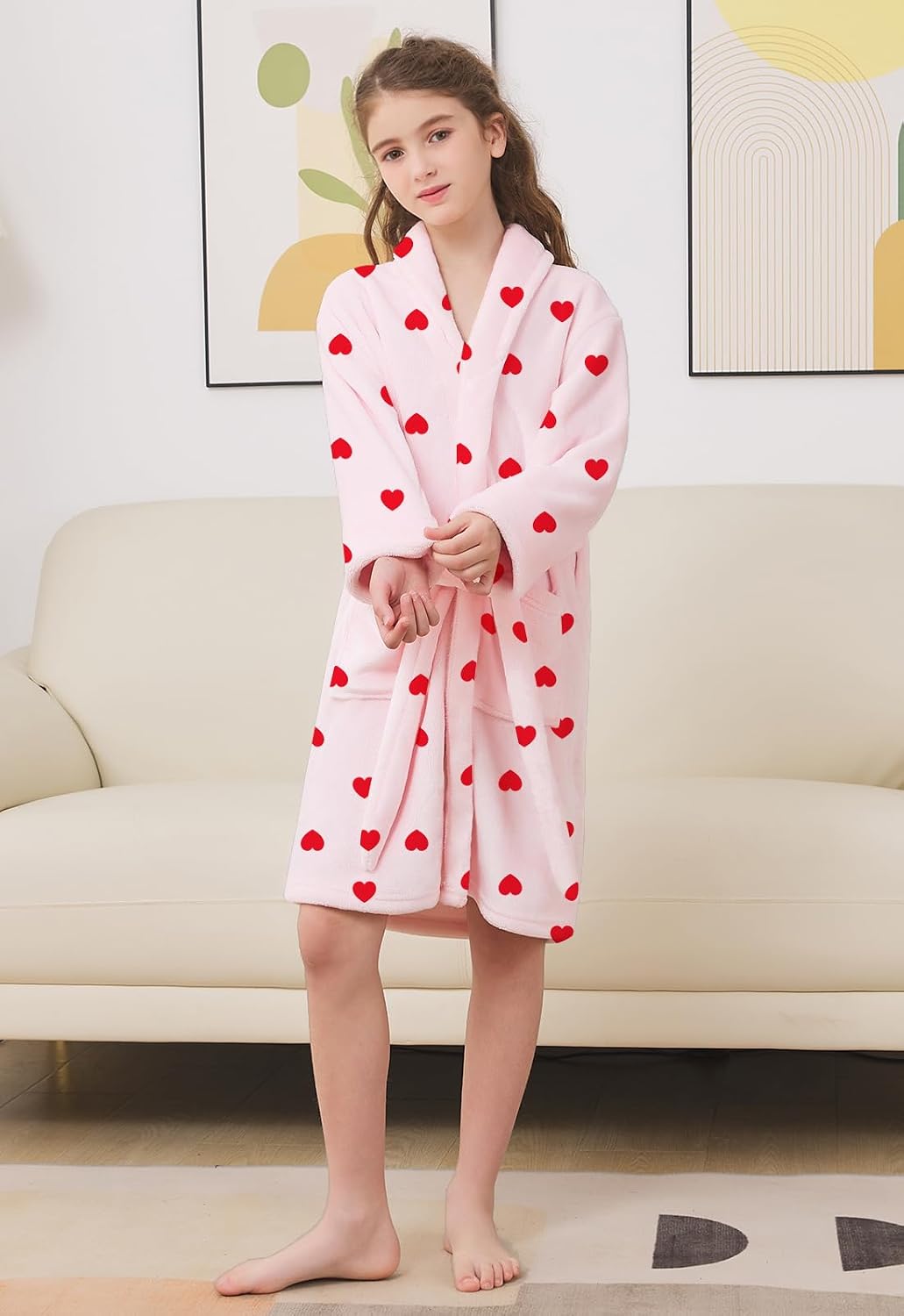 Girls Robe, Shawl Collar Fuzzy Fleece Bathrobes with Belt and Pockets for Kids Boys, 2-15 Years