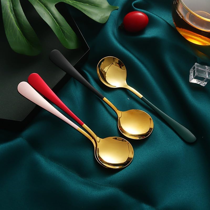 Silverware Flatware Cutlery Set, 1/4/6/8/10/12-Piece Stainless Steel Round Head Spoons – Thickened Dessert and Soup Spoons for Home Use(Pink Gold,6 Pieces)